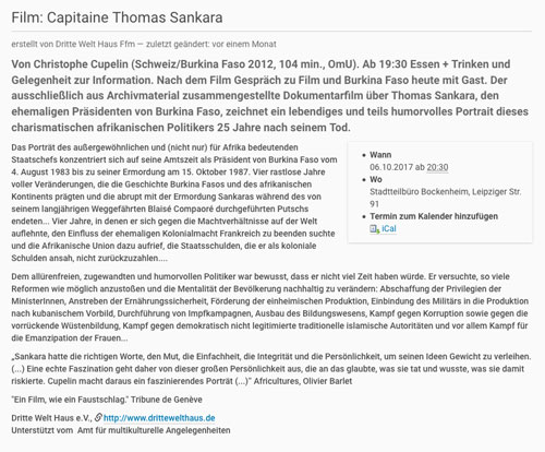Freitagskino CAPITAINE THOMAS SANKARA Dritte Welt Haus, Frankfurt, Deutschland, 6. Oktober 2017, 20:30