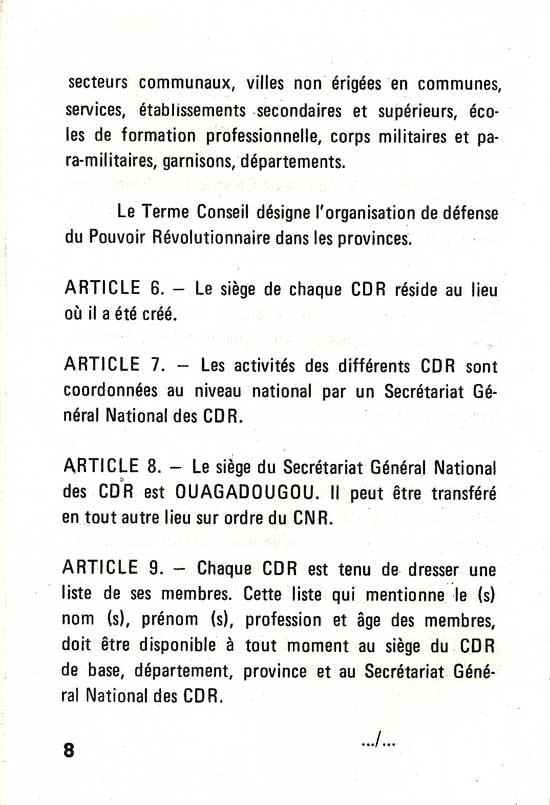  "Statut général des Comités de Défense de la Révolution" Conseil National de la Révolution, Haute-Volta, 17 mai 1984