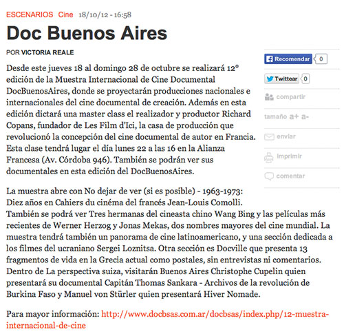 "12° edición de la Muestra Internacional de Cine Documental DocBuenosAires" RevistaÑ, Victoria Reale, 18 octobre 2012