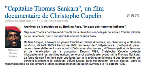 "Capitaine Thomas Sankara", un film documentaire de Christophe Cupelin lapluma.net, 3 août 2013 
