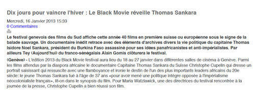 «Le Black Movie réveille Thomas Sankara» Walfadjri, El Hadji Gorgui Wade Ndoye, 16 janvier 2013