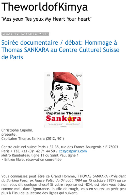 Hommage à Thomas Sankara au Centre Culturel Suisse de Paris The World of Kimya, 17 octobre 2013 