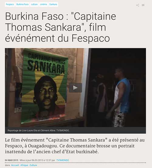 Burkina Faso : "Capitaine Thomas Sankara", film événément du Fespaco TV5, Reportage de Lise-Laure Etia et Clément Alline, 4 mars 2015