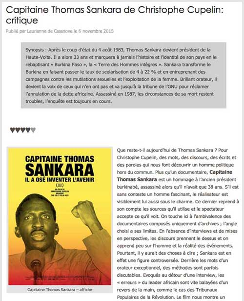 Capitaine Thomas Sankara de Christophe Cupelin: critique cinechronicle.com, Laurianne de Casanove, 6 novembre 2015
