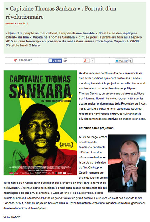 « Capitaine Thomas Sankara » : Portrait d'un révolutionnaire lefaso.net, Victor KABRE, 4 mars 2015