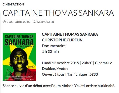 Séance spéciale suivie d'un débat avec Foum Moboh Yekati, artiste burkinabé 12 octobre 2015 • 20h30 Cinéma Le Drakkar, Yvetot, France