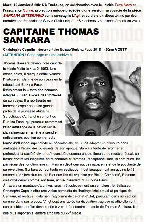 Cinéma Utopia Toulouse, France, Mardi 12 Janvier 2016, 20h10 en collaboration avec la librairie Terra Nova et l'association Survie, projection unique précédée d'une version raccourcie de la pièce SANKARA MITTERRAND par la compagnie L'Agit et suivie d'un débat animé par des membres de l'association Survie
