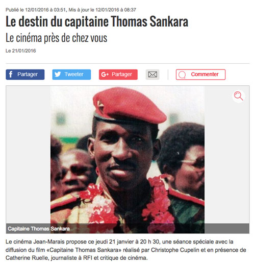 "Le destin du capitaine Thomas Sankara" Cinéma Jean Marais, Aucamville, France, 21 janvier 2016, 20h30 Séance spéciale en présence de Catherine Ruelle, journaliste.