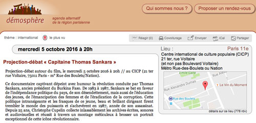 Projection-débat CICP, Centre international de culture populaire, Paris, France, 5 octobre 2016, 20h