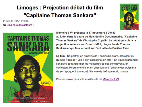 Le Festival du cinéma d'ATTAC Bruxelles, Belgique, 27 novembre 2016, 15h Débat : « Un crime impérialiste de plus ? » avec Mikaël DOULSON (journaliste indépendant) et un membre du Collectif des Burkinabés de Belgique.