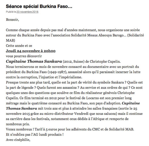 Séance spécial Burkina Faso Cinémeaux, Meaux, France, 24 novembre 2016