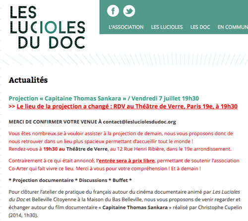 Paris, France, 7 juillet 2017 Pour clôturer l'atelier de pratique du français autour du cinéma documentaire animé par Les Lucioles du Doc et Belleville Citoyenne à la Maison du Bas Belleville, nous vous proposons de venir regarder et échanger autour du documentaire «Capitaine Thomas Sankara» de Christophe Cupelin 