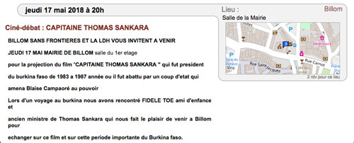Ciné-débat Mairie de Billom, 63160, France, 17 mai 2018, 20h En présence de Fidel Toé, ancien ministre du Travail durant la révolution burkinabè. Entrée libre